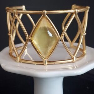 Spartina 449 Gold Tone Geometric Lattice Cuff Bracelet Yellow Crystal Accent